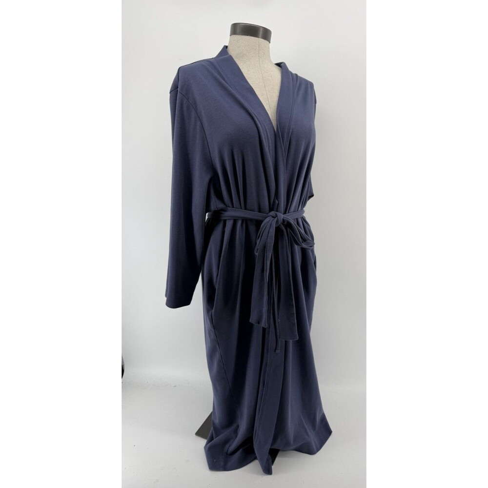 The Company Store Robe Womens L Pima Cotton Blue Gray 3/4 Ful Sleeve Belted Hole